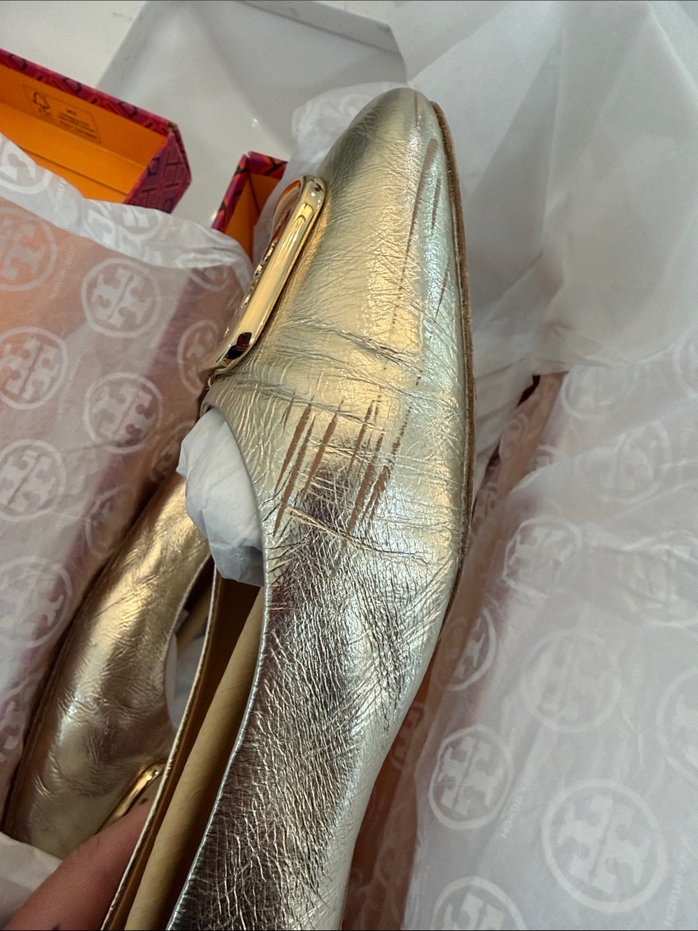 Tory Burch Metallic Gold Logo Ballet Flats - Picture 5 of 7